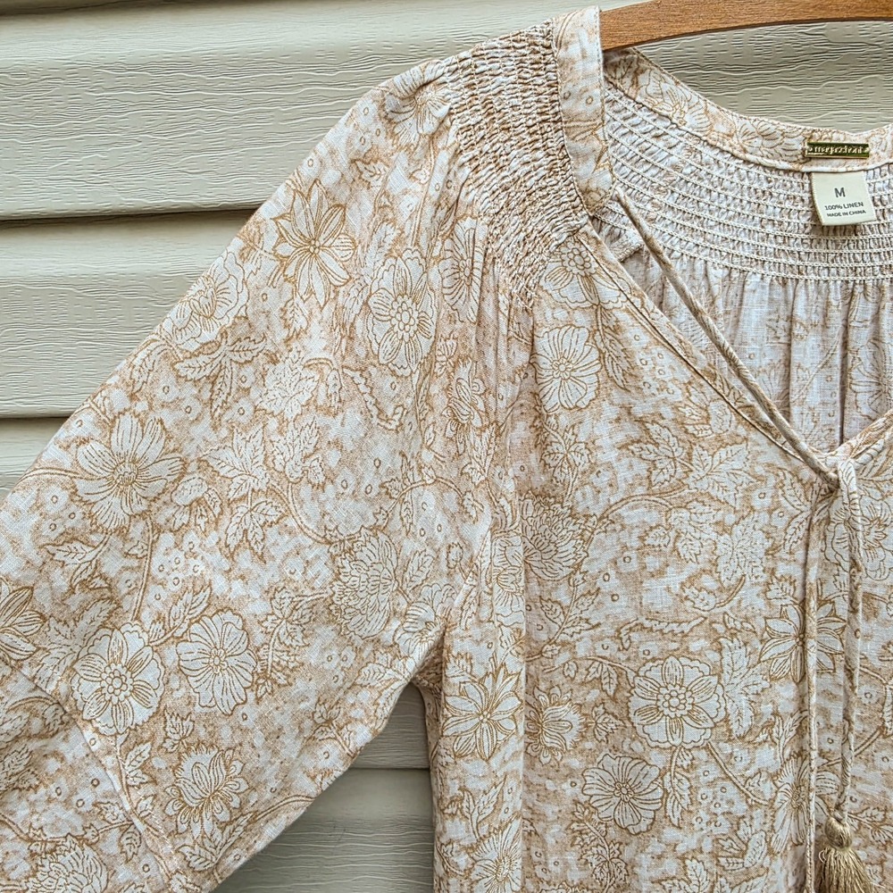 Magaschoni Linen Dress M Beige Floral Boho Prairie Smocked Tassel Midi Romantic - Picture 4 of 7